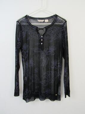 Tommy Bahama Medium Silk Sheer Black Blue Floral Printed Top Rhinestones Y2K